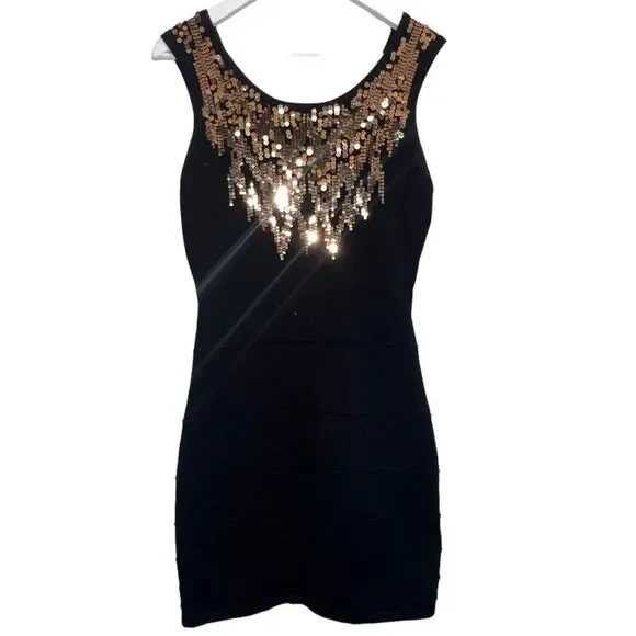 Y2K 2b Bebe Black Metallic Gold Sequin Bandage Sleeveless Cutout Back Slip - Picture 3 of 14